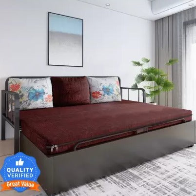 3 Seater Double Metal Pull Out Brown  Sofa Cum Bed With Storage